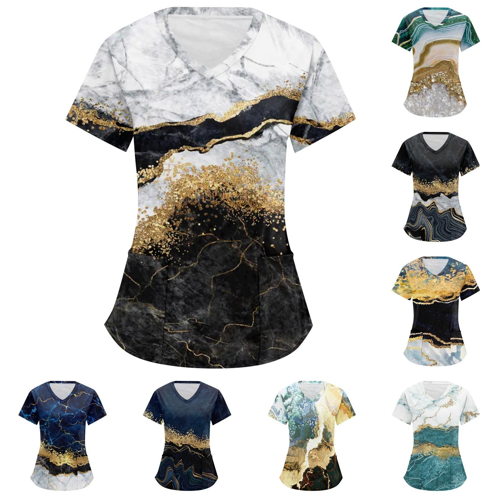 

Женские топы с короткими рукавами и v-образным вырезом в полоску с принтом, рабочая блузка с карманами