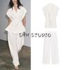 Lapel Drop Shoulder Sleeveless Linen Blend Double Breasted Vest 3736240 Casual Pleated Trim Pants 3736244