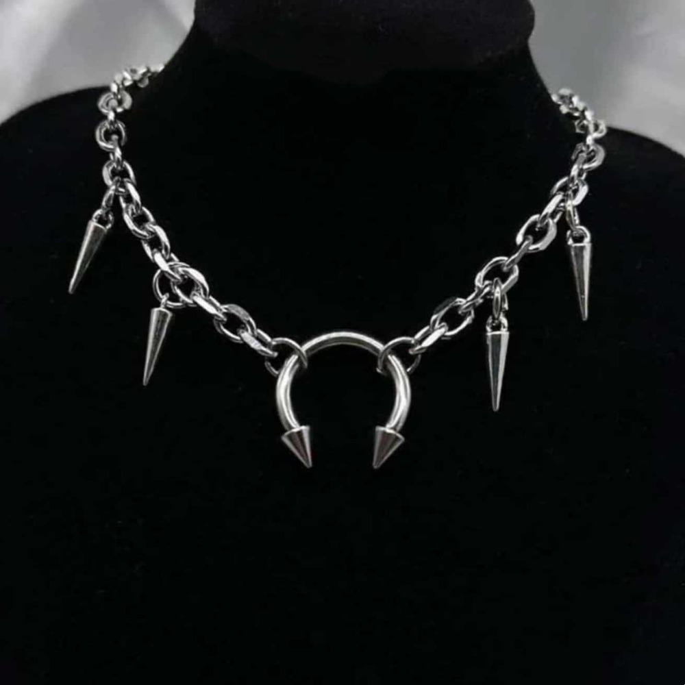 Hip Hop Punk Sliver Color Geometry Rivet Tassel Horseshoe-shaped Pendant Necklace for Women Stainless Steel Collar Chain Jewelry