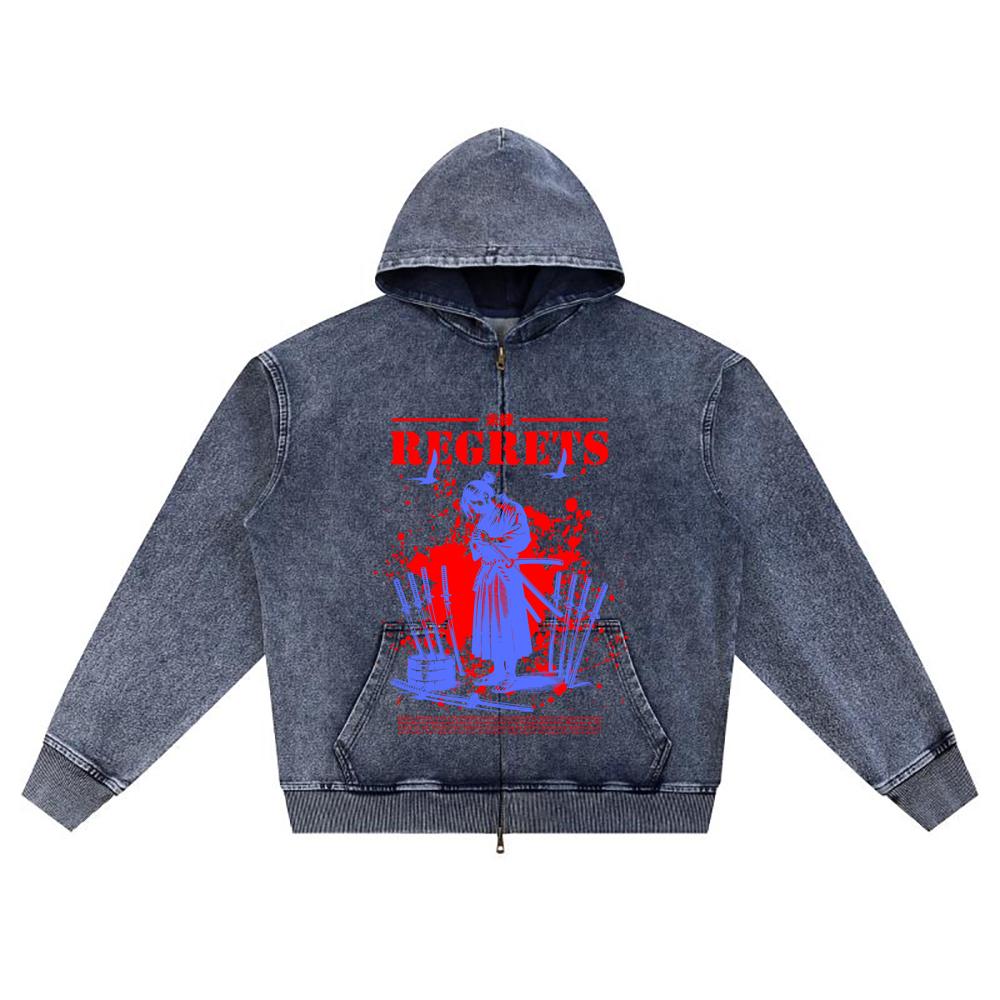 DTG print Knitted Denim Zip-Up Hoodie Japan Samurai Brother Print Zipper Hoodies  