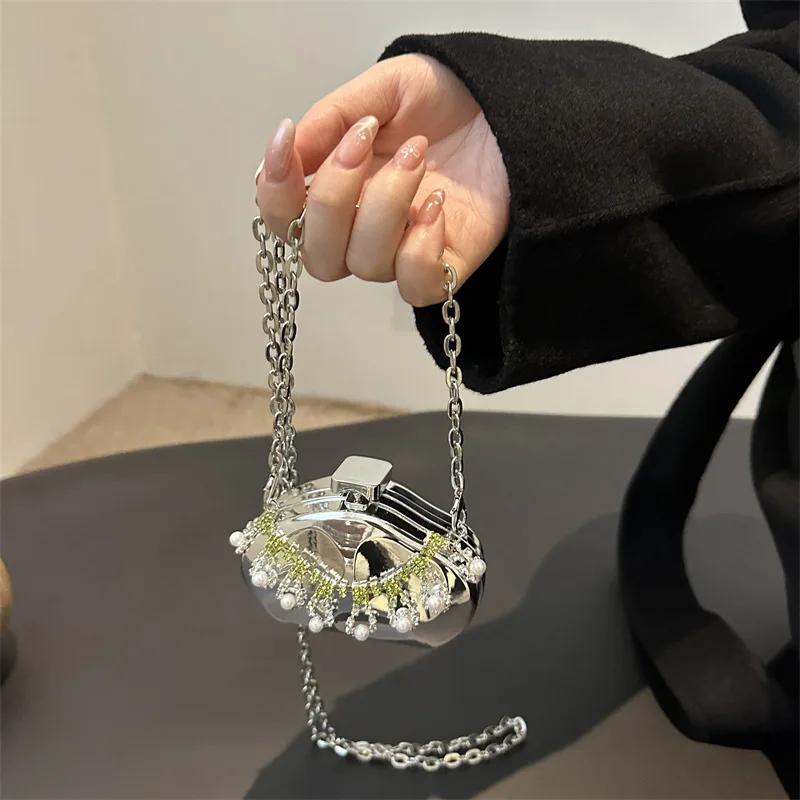 Metal Mini Bag Rhinestone Tassel Shoulder Bags Women's Chain Crossbody Chain Box Bags Gold Evening Bag