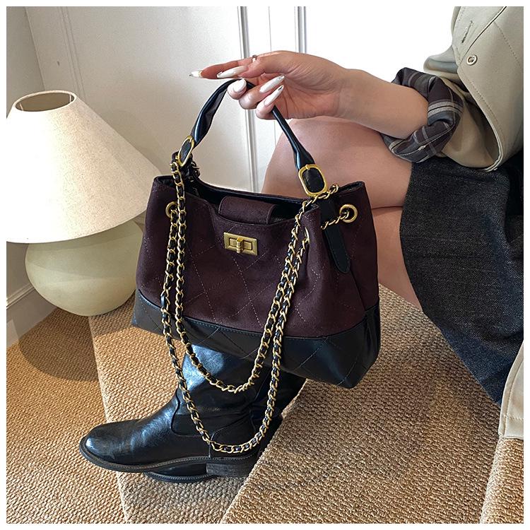 Brown Korean Style Quilted Suede Tote Bag with Adjustable Chain Strap