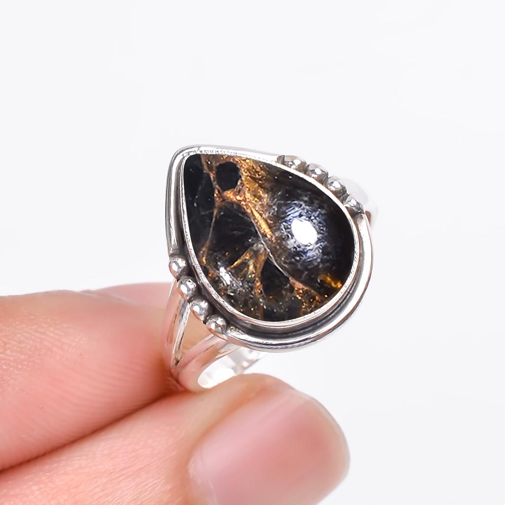 Copper Black Obsidian Gemstone 925 Sterling Silver Ring V9511, Black Ring, Pear Ring, Valentin's Day Gift, Gift For Her, Birthday Gift, Handmade Jewel
