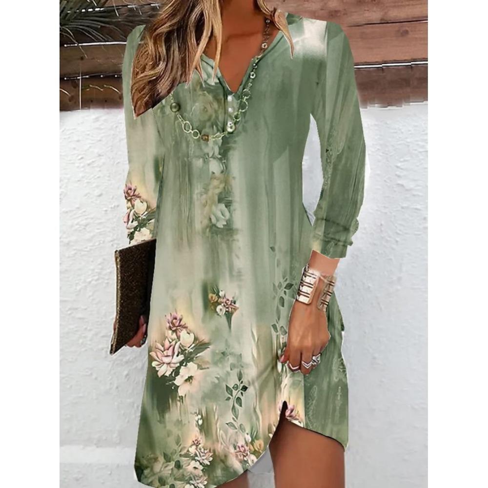 JPNTKY Women's Fashion Autumn Winter Floral Print Long Sleeve V-Neck Casual Dresses