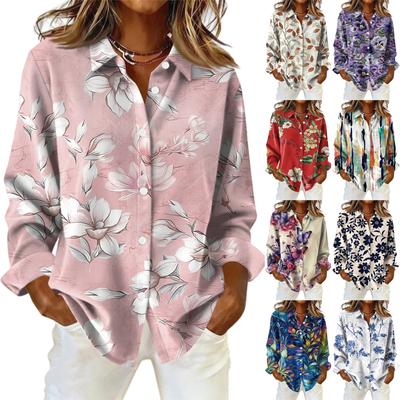 Damenhemd mit floralen Knöpfen, Langarm-Freizeit-Regular-Hemd Blusen Freizeit Übergröße Basic-Tops