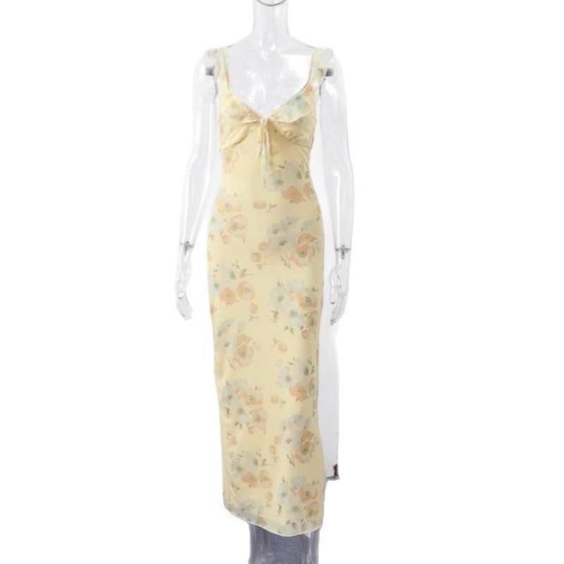 Sukienka damska seksowna z niskim dekoltem z nadrukiem kwiatowym bez rękawów bez pleców dopasowana sukienka na ramiączkach wakacje na plaży pani vestidos