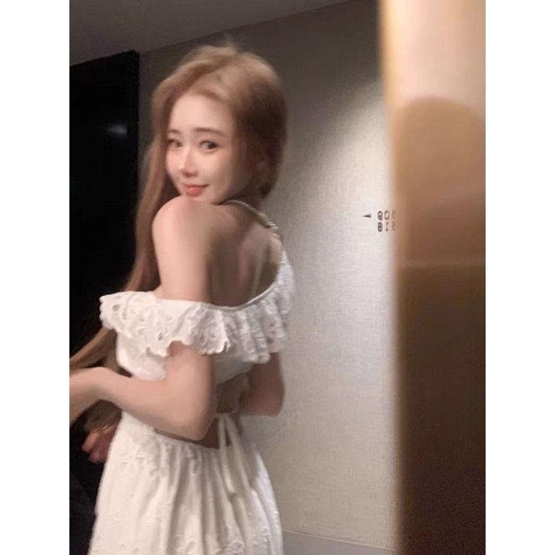 Kumikumi French Sweet Girl Style New Arrival off-the-Shoulder White Dress Women's Summer Waist Slimming A- line Skirt Long Dress