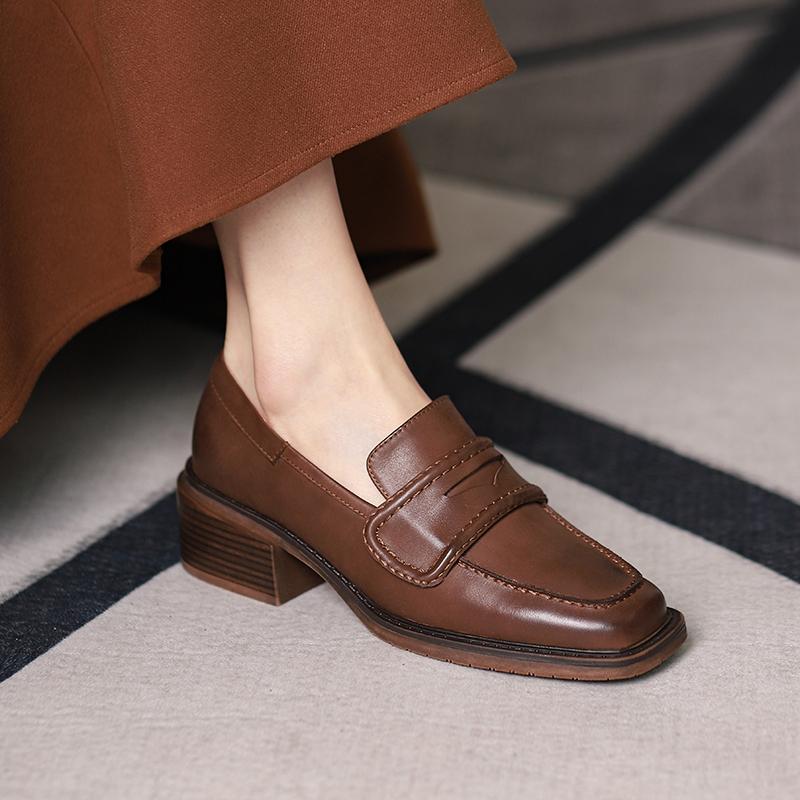 Fashion Genuine Leather Slip -On Women Shoes Casual Loafers Square Toe Simple Shoes Thick Heel Shoes Woman Zapatos De Mujer