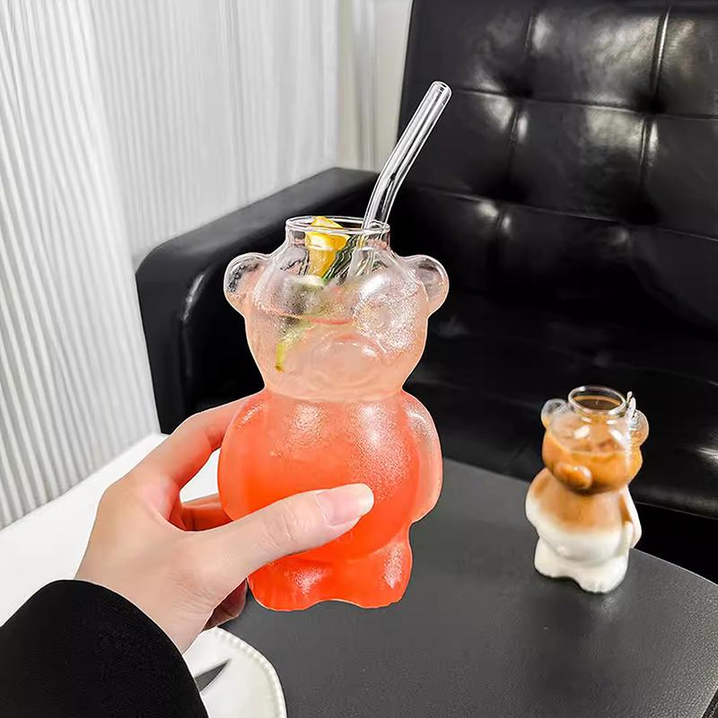 Cartoon Bear Shaped Coffee Mug Cute Bear Mug Glass Cup With Straw Transparent Creative Glass Juice Cup Milky Tea Cup