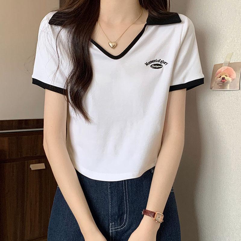 2024 summer new style V-neck right shoulder clavicle T-shirt women's slim and versatile embroidered curved hem bottoming top