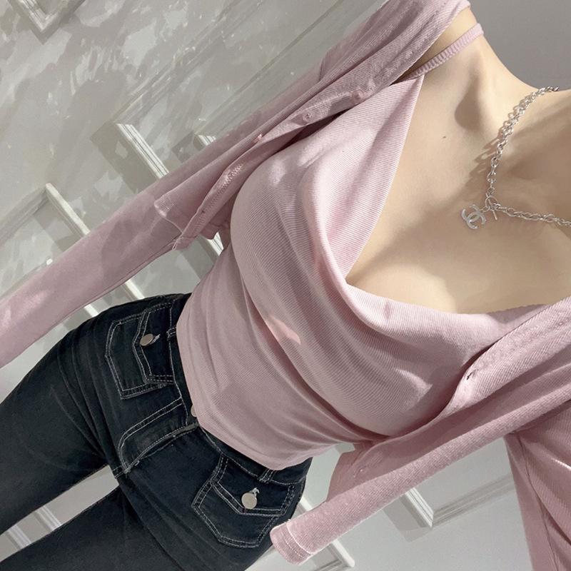 Korejský zeštíhlující bodycon set: Nařasené tílko a krátký kardigan pro ženy