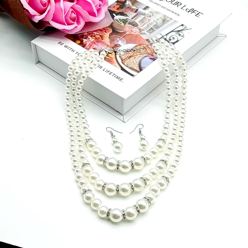 European and American popular French highlight new three-layer size pearl mixed and matched necklace temperament necklace earrings set