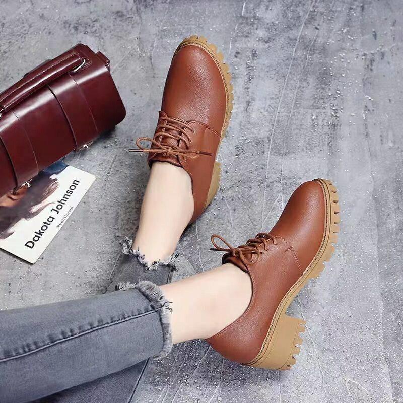 Round Toe Leather Square Heel Lace-Up Mary Janes Platform Pumps Women Shoes  Summer Shoes Woman British Wind Student Shoes