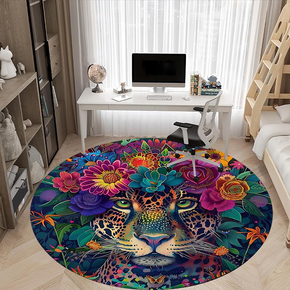 1 Stück Floraler Leopardenmuster Stuhlteppich für das Büro, Runder Rutschfester Langlebiger Großer Büroteppich, Geeignet für das Büro