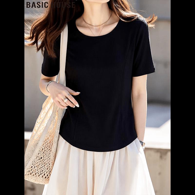 Basic House Women s Black Round Neck Short Sleeve T-Shirt M чёрный