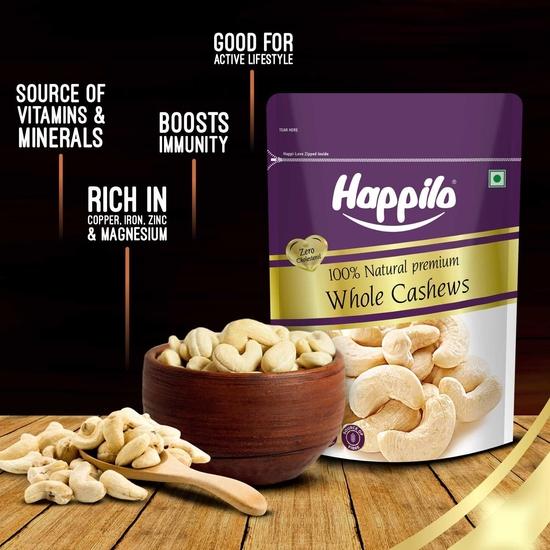 Happilo Premium Whole Cashew Nuts, Nutritious Dry Fruit, Healthy Snacks - Rich in Nutrients, Protein, Fiber, Vitamins 500g (Pack of 2)