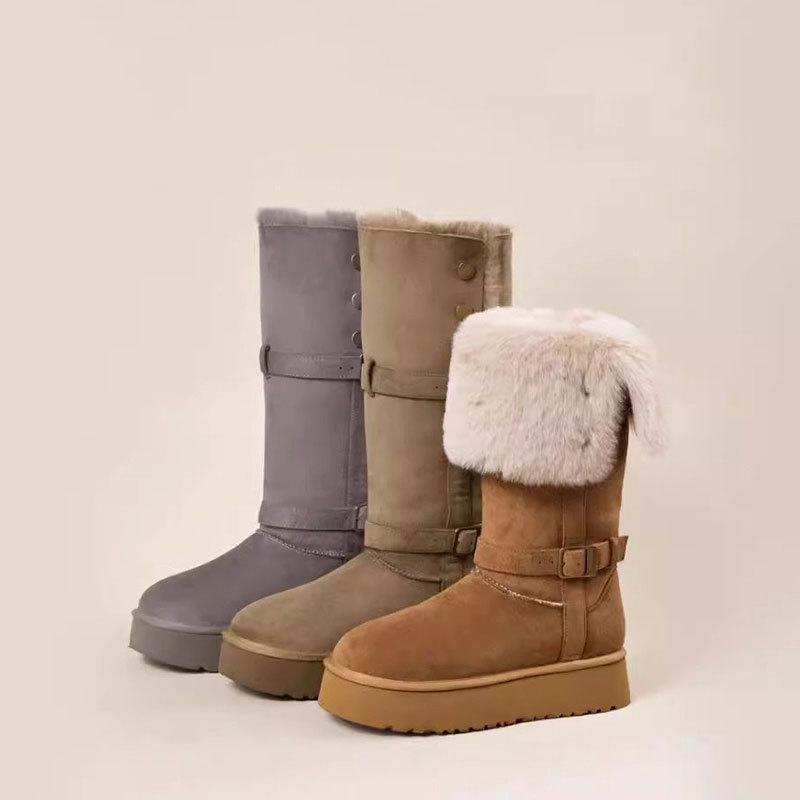 Real fur integrated warm thick-soled snow boots women's winter new buckle medium tube women's thickened cotton shoes