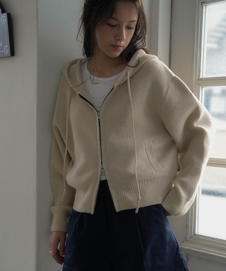 DEHEVE Two-Way Hood Zip-Up Knit [Beige]