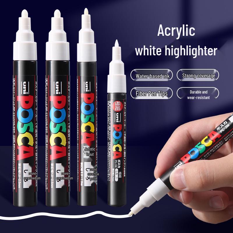 Set de Markere Acrilice Uni POSCA Albe: PC-1M/3M/5M pentru Carduri Negre Pictate Manual