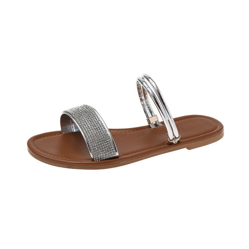 

Торговые сандалии женские 2025 внешние летние ветер стразы сандалии на одном слове большой размер повседневные плоские шлепанцы женские 43 серебряный