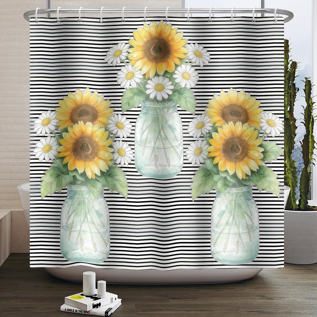 Country Sunflower Theme Waterproof Shower Curtain Wood Texture Barn Door Design Rustic Farmhouse Vintage Style Bathroom Decor
