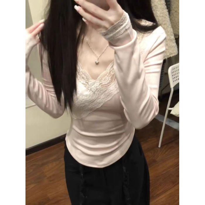 

Рубашка с V-образным вырезом из бархата с французской кружевной отделкой: Приталенный женский топ с длинным рукавом в корейском стиле для осени/зимы M