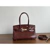 Popular Crocodile Pattern Horizontal Plate Platinum 30cm Genuine Leather Women's Bag, European and American Fashion Cowhide Large Bag, Commuter