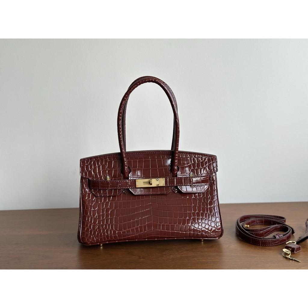 Popular Crocodile Pattern Horizontal Plate Platinum 30cm Genuine Leather Women's Bag, European and American Fashion Cowhide Large Bag, Commuter
