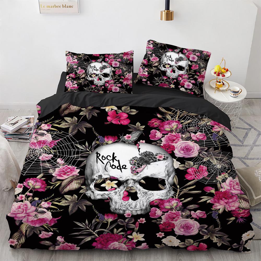

Skull Flowers Pattern Duvet Cover Set Halloween Gift Polyester Bedding Set King Queen Full Size Comforter Cover With Pillowcase EU single(135x200cm)