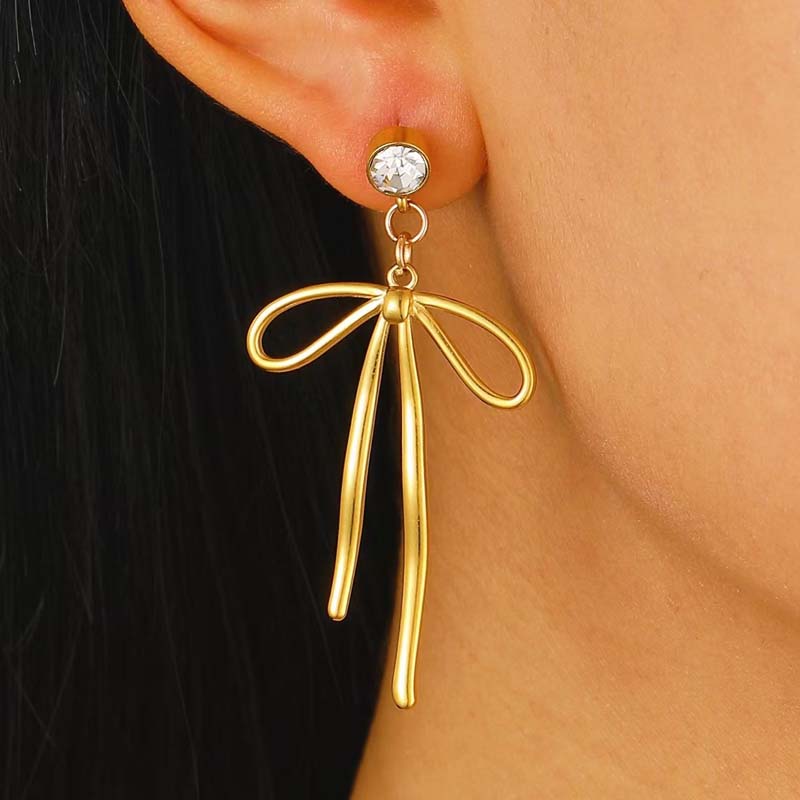 Stainless Steel Bowknot Hoop Huggie Earrings For Women Fashion Gold Color Hollow Bow Tie Drop Earrings Waterproof Zircon Gifts
