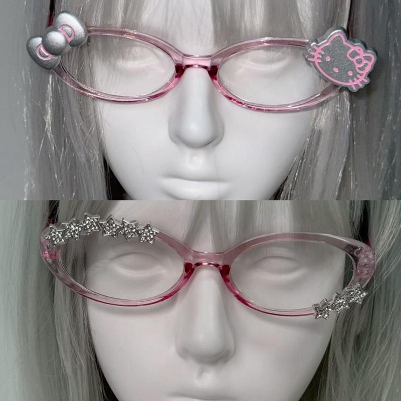 1/2Pcs Harajuku Japanese Charm Girl Hello Kitty Glasses Pink Shiny Bow Retro Y2K Hello Kitty Decorative Glasses Birthday Gift