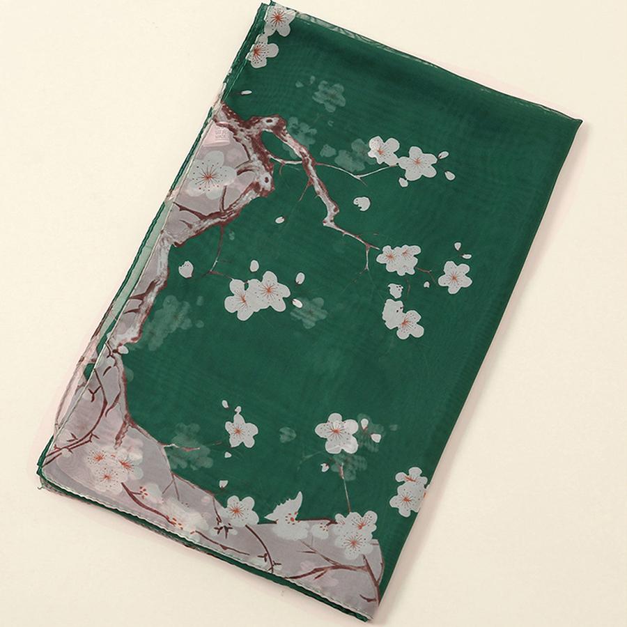 Women's Chiffon Scarf Plum Blossom Pattern Simulation Silk Scarf Long Gauze Scarf Sunscreen Shoulder Bag Headscarf