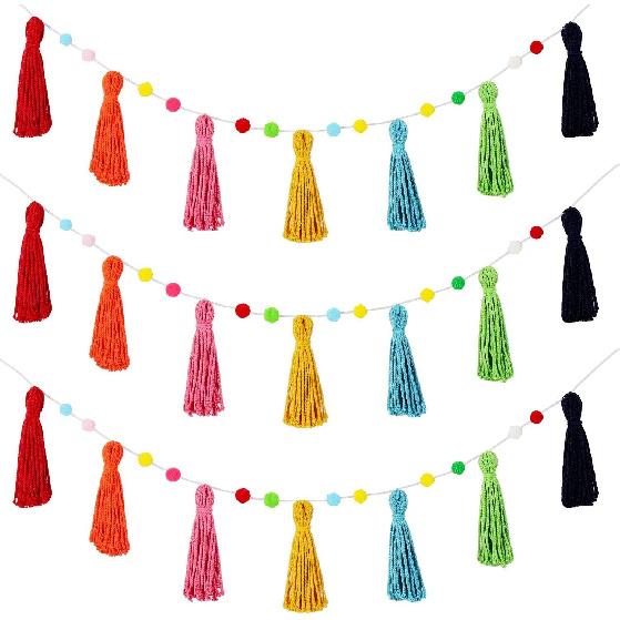 Syhood 3 Pcs Colorful Boho Tassel Garland Rainbow Pom Pom Each 50'' Colorful Tassel Garland Classroom Decoration Boho Banner for Kid Nursery Wall