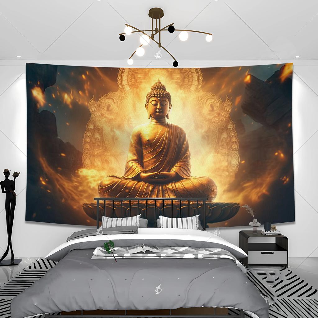 Zen Buddha Tapestry  Serene Meditation  Golden Clouds  Unique Wall Art for Yoga Room Home Decor  Spiritual Gift