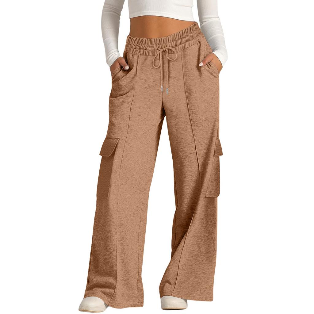 Women's Casual Fashion Solid Color Elastic Waist Drawstring Workwear Wide Leg Pants With Pockets