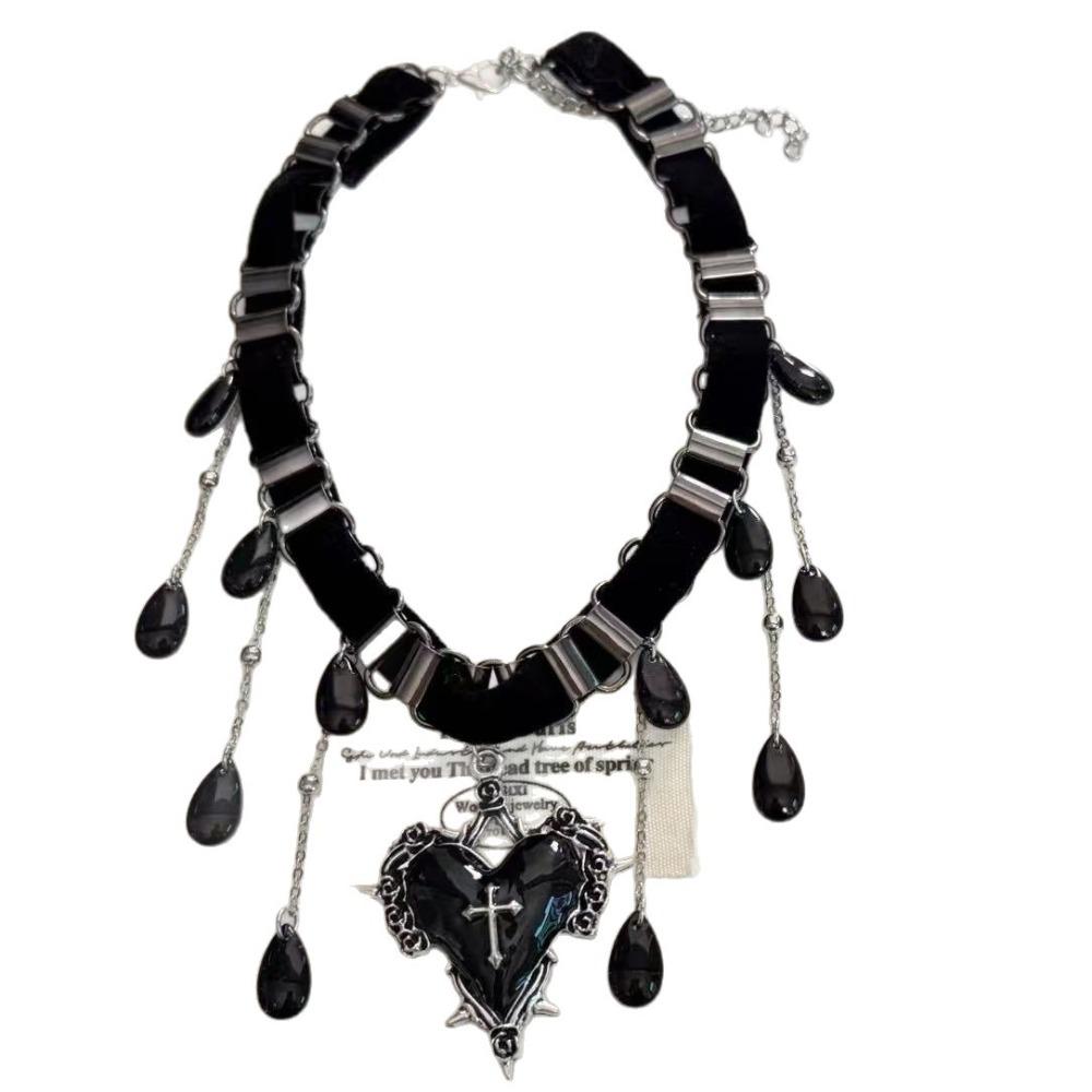 Gothic Punk Personality Black Cross Heart Shape Pendant Water Drop Tassel Choker Necklace for Women Subculture Designer Jewelry