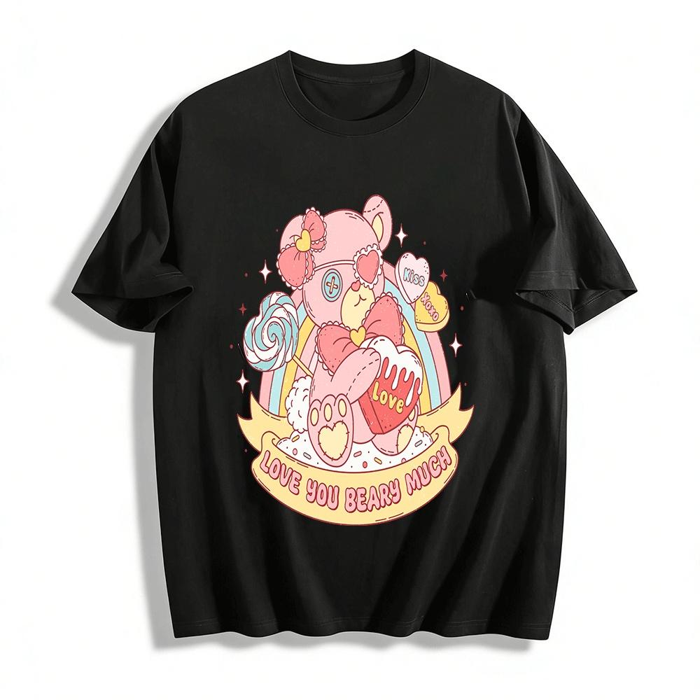 Love You Beary Much Cute Pink Bear Print Sweet Casual T-Shirt Pure cotton T-shirt XXS