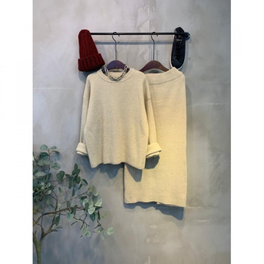 C S In The Room Roful Round neCk Knit Slit Long Skirt Set 4Col