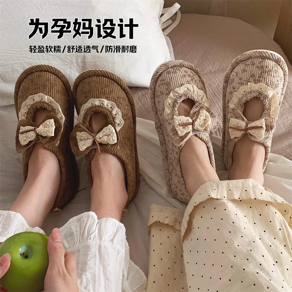Retro Lace Bow Cotton Slippers Female Fashion Summer Thin Models Home Comfort Girls Package with Cotton Shoes