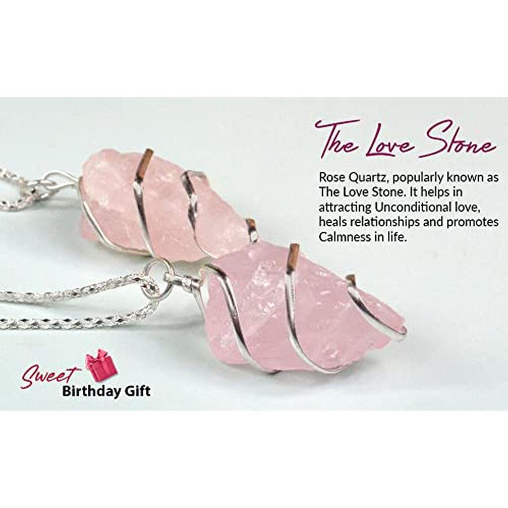 Reiki Rose Quartz Pendant Natural Wire Wrapped Crystal Stone Pendant with Metal Chain Size 30-35 Mm Approx. (Pink)