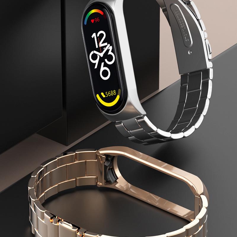 Xiaomi Band 7 Compatible Three-Bead Solid Stainless Steel Wristband Strap