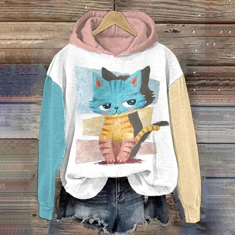 Sudadera con capucha para mujer, divertida sudadera con estampado de animales y gatos kawaii, ropa informal para mujer, sudadera bonita