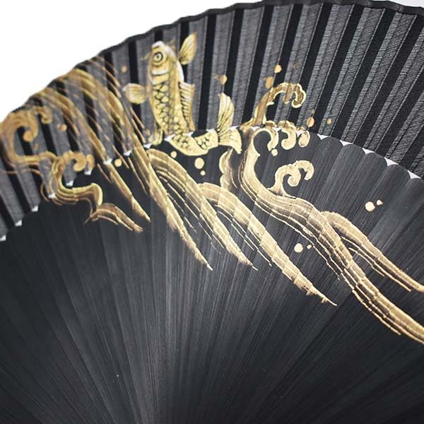 Kimono black short flying carp [Stylish Iroha] Hand-painted fan, dyed, large, length, design, fabric, polyester.
