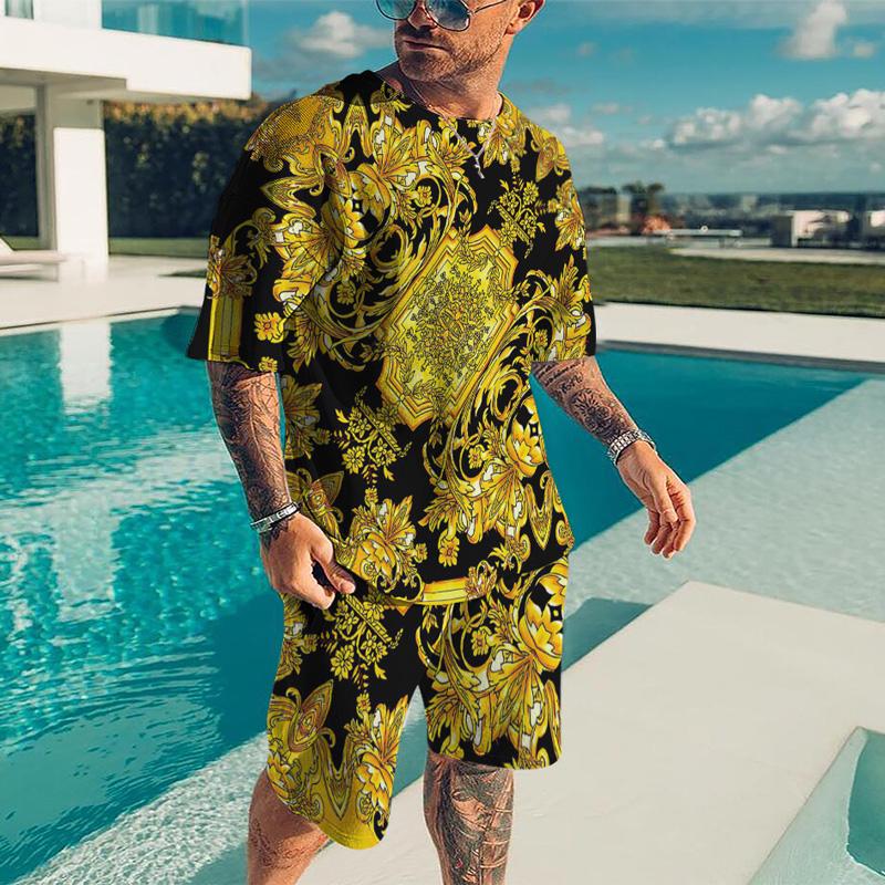 Summer Quick Drying Men's Sports Set 2-Piece 3D Printing Gold Line Black Set European Luxury Style Men's T-shirt+Beach Pants