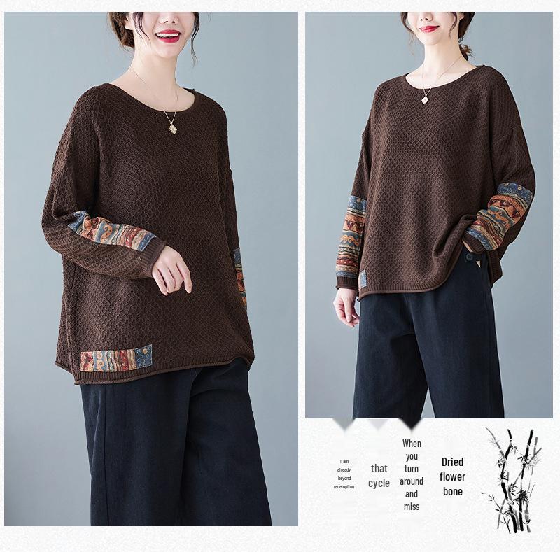 2024 Autumn/Winter Plus Size Retro Ethnic Applique Cotton Knit Women's Loose Round Neck Pullover