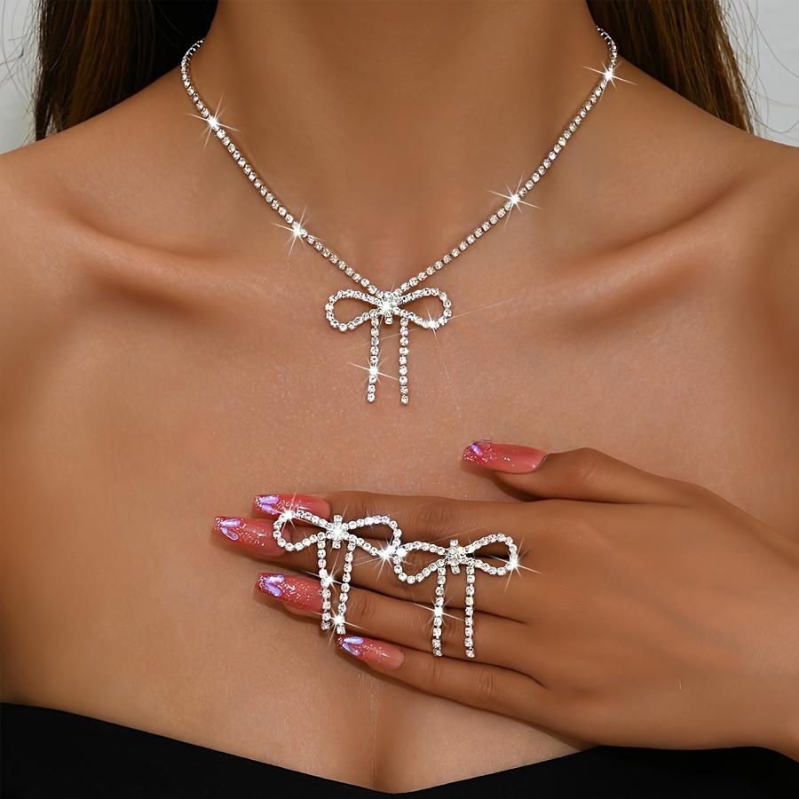 Elegant And Rhinestone Bow Necklace Earring Set Shining Claw Chain Suitable For Parties And Gifts Fashion Accessories For All Seasons