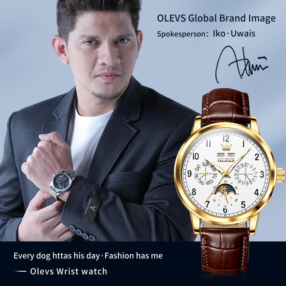 OLEVS 6698 Mens Watch Luxury Dress Brand Moon Phase Automatic Mechanical Watch For Men Leather Waterproof Dual Calendar Watch
