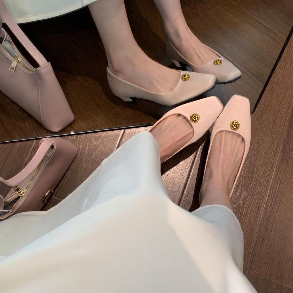 2025 Spring New Square Head Satin Rhinestone Buckle Sleeve Feet Mary Jane Thick Heel Shallow Mouth Versatile OL Evening Women's Shoes