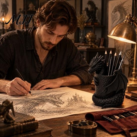 Detailed Sculpture Pen Stand 3D Printed Gothic Dragon Holder, Coiled Figurine Stationery Cup, Office Decor Fantasy Desk Organizer, Halloween Tabletop