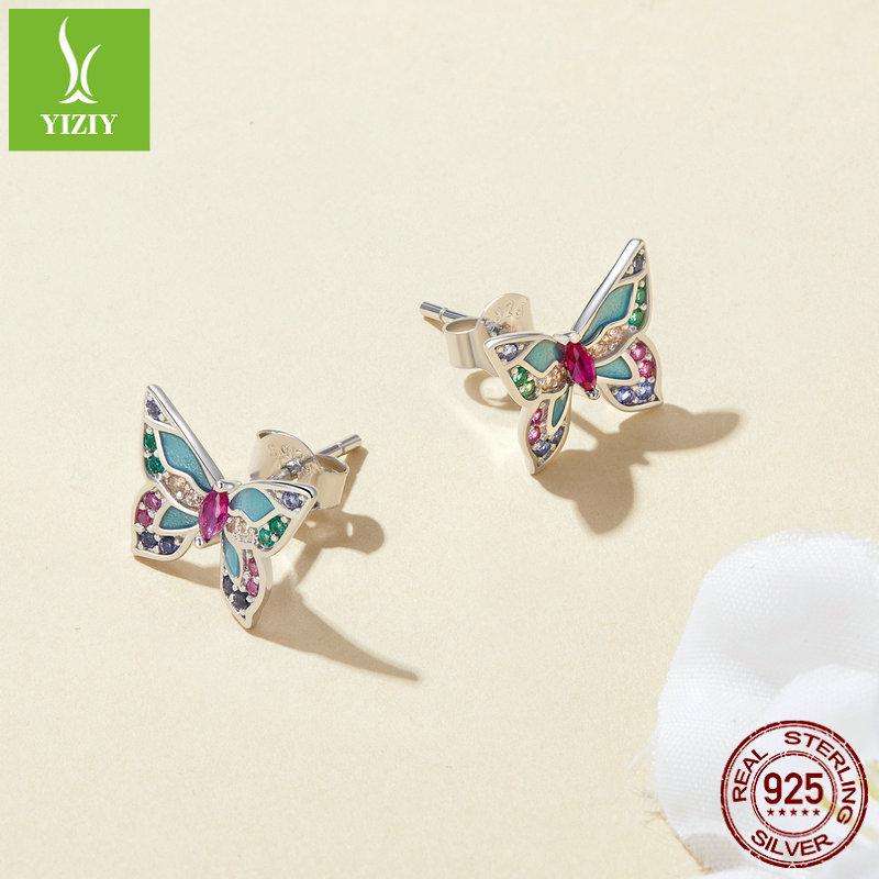 Silver Ziyun S925 Sterling Silver Colorful Butterfly Earrings for Women - Spring Design